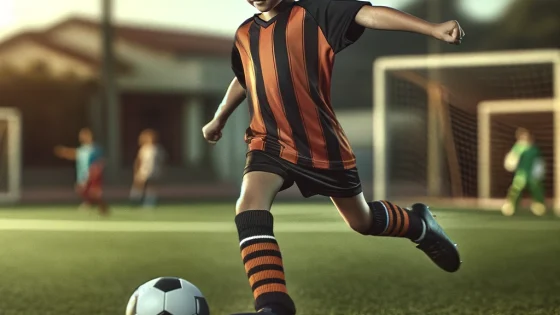 Youth actively kicking a soccer ball