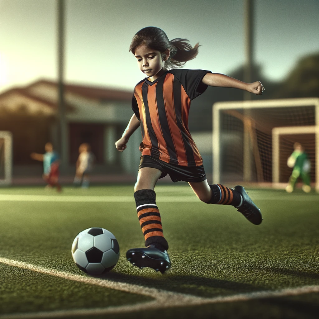 Youth actively kicking a soccer ball
