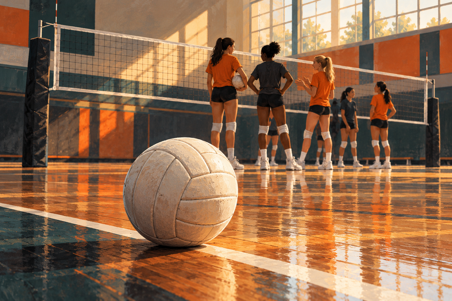A volleyball rests on a polished indoor court while fictional young players confer near the net.