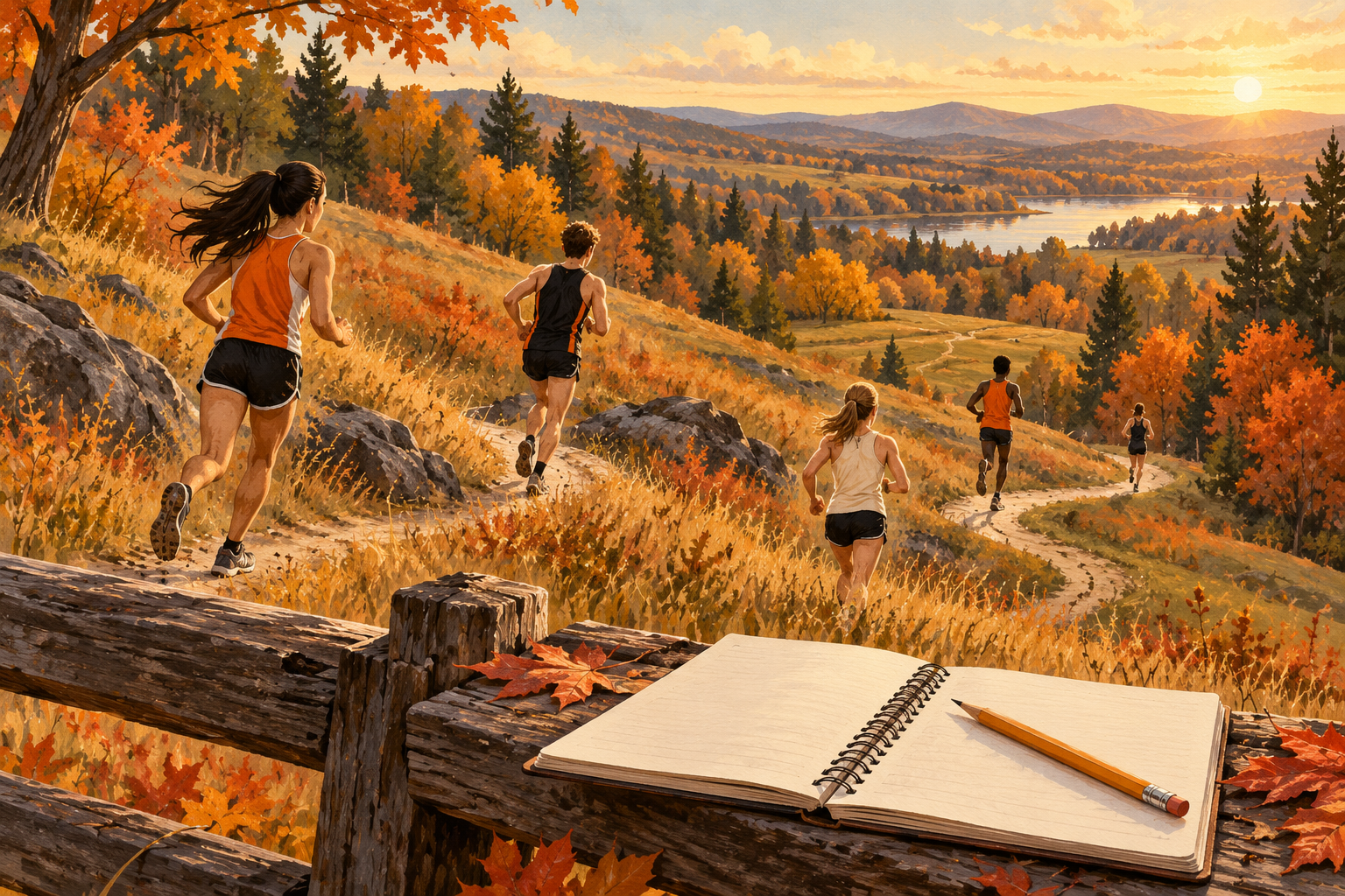 Fictional runners follow a winding autumn trail behind an open blank notebook and pencil on a fence.