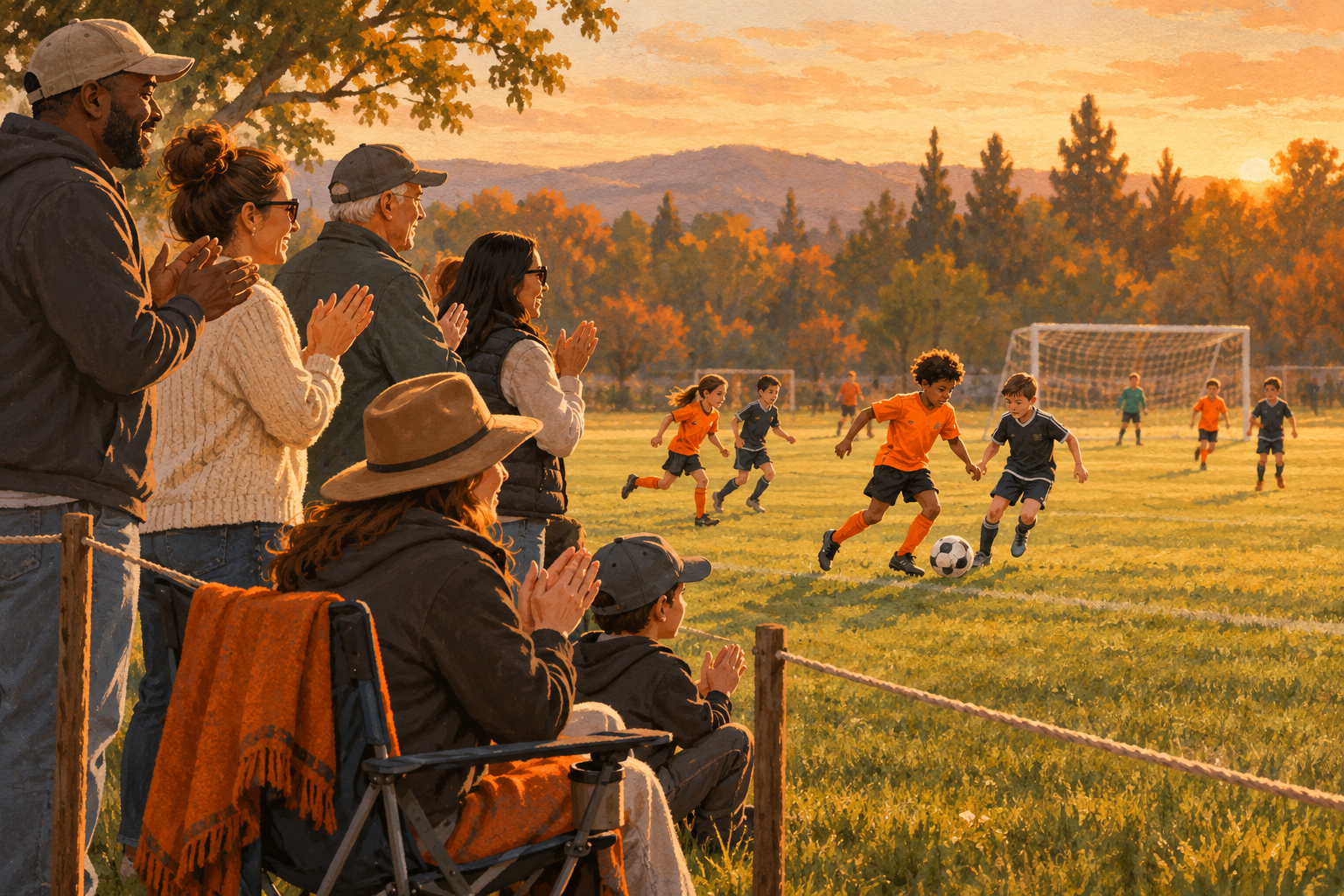 Adult spectators applaud calmly behind a boundary while fictional young soccer players play in the distance.