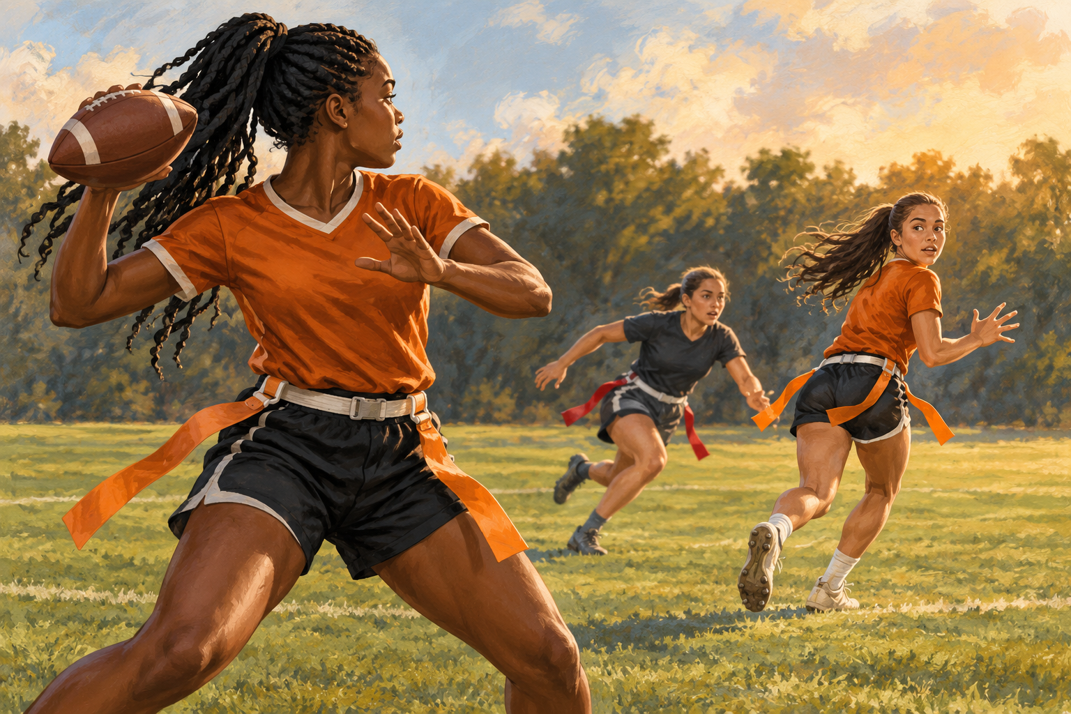 Three fictional girls wearing flag belts illustrate a quarterback preparing to pass, a receiver and a defender.