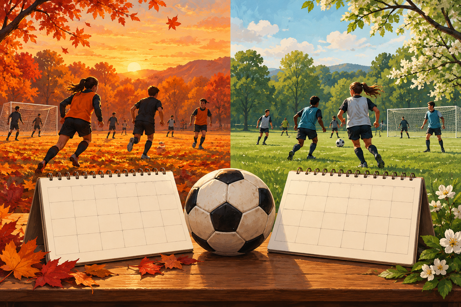 Two soccer fields in different seasonal settings sit behind blank calendars, representing different local schedules.
