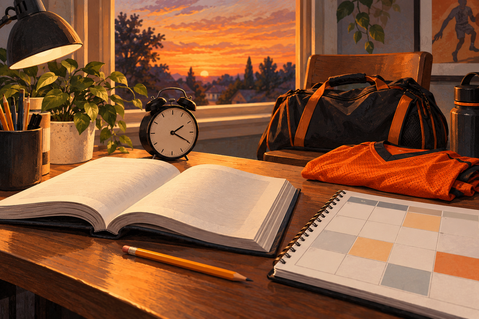 A study desk holds books and a blank planner beside a sports bag and orange jersey.