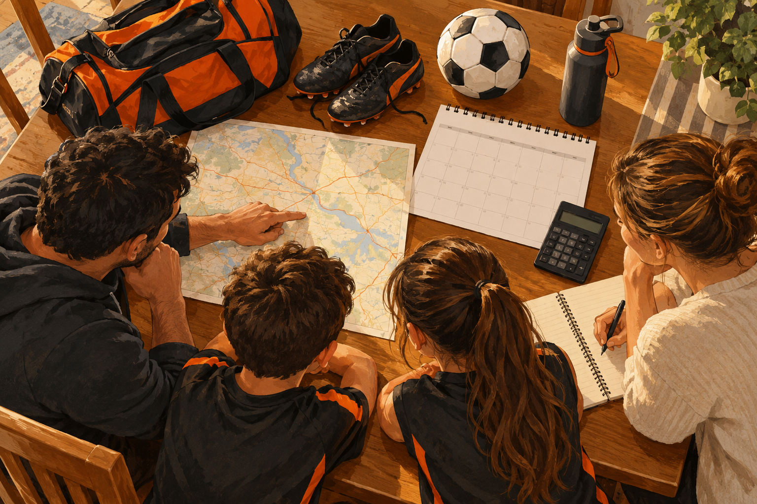 A fictional family reviews a map, blank calendar and notebook beside sports equipment and a calculator.