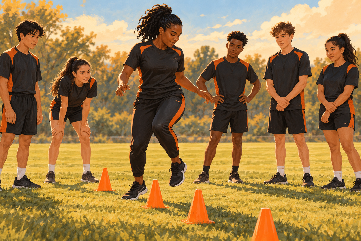 A coach demonstrates a cone activity to a small group of fictional young athletes.