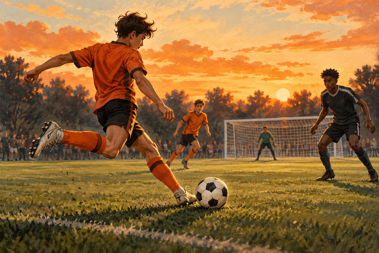An illustrated soccer player begins a pass with other players and a goal in the distance; no offside ruling is depicted.