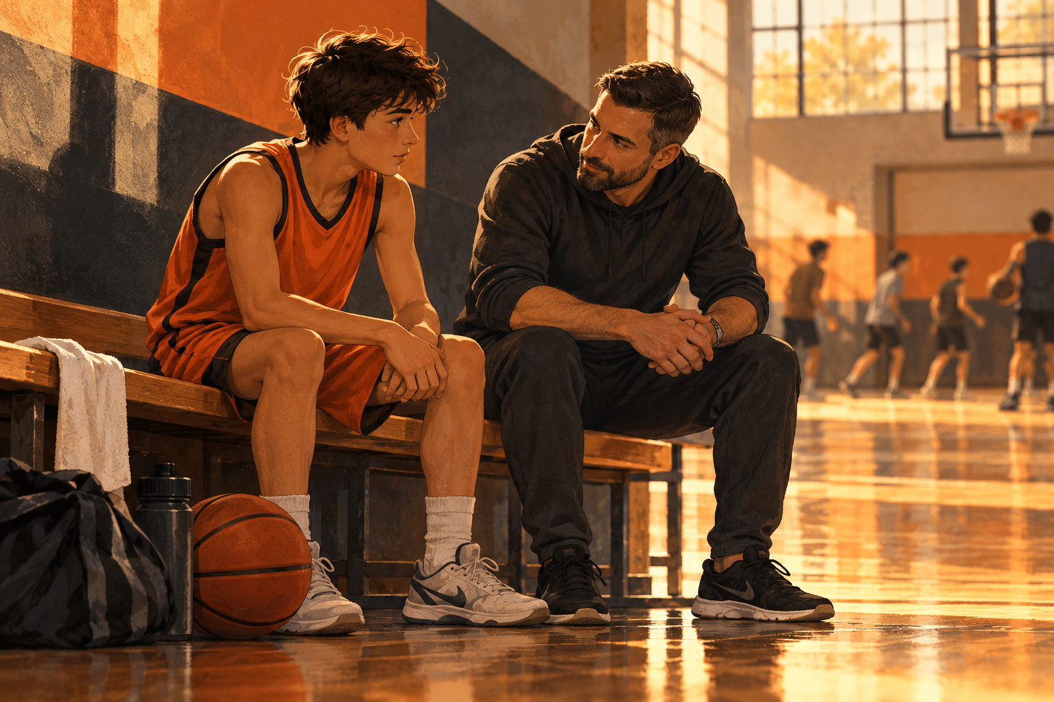 A fictional basketball athlete and coach talk at the same level beside a gym bench.