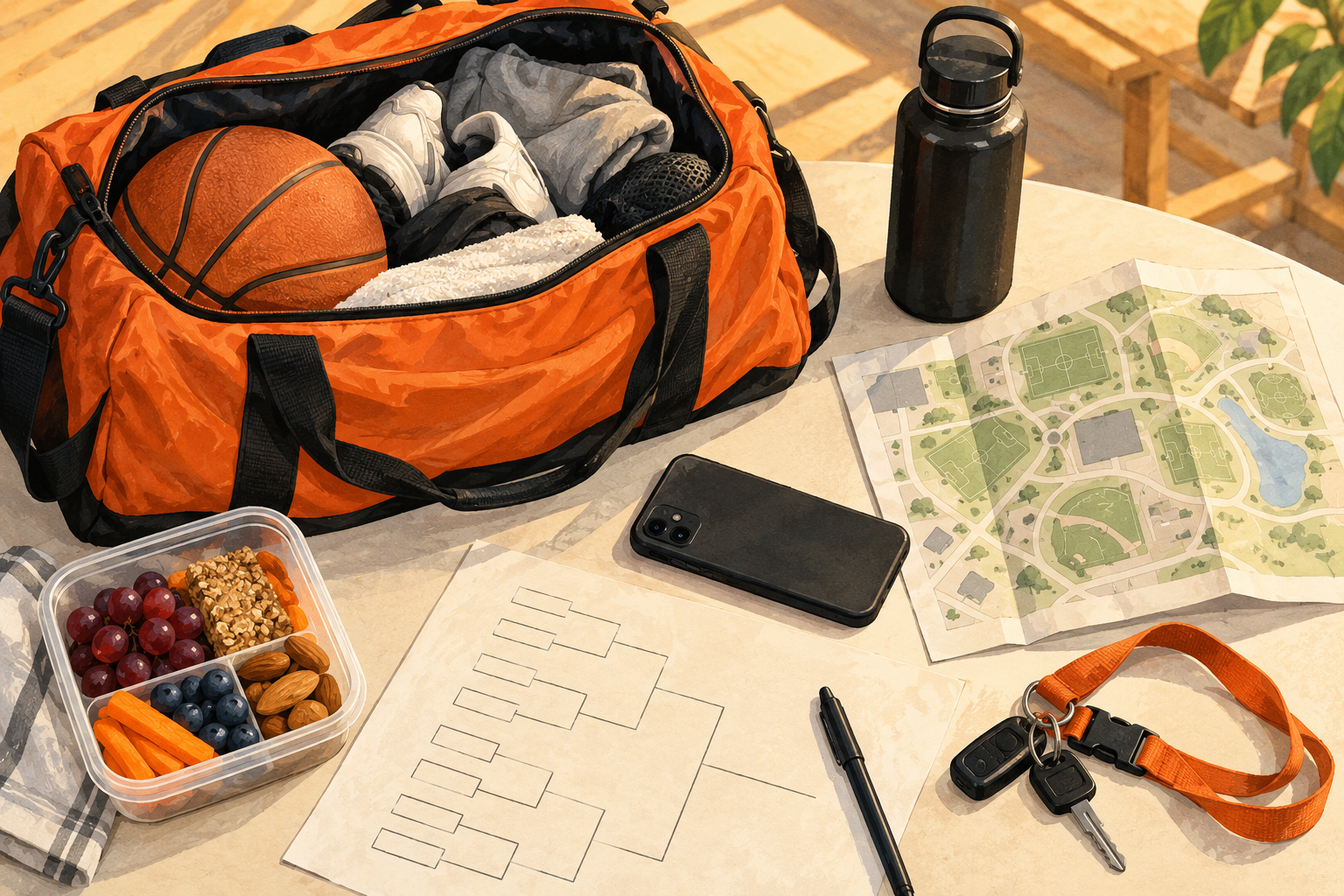 A travel bag, unlabeled map and bracket page, bottle, phone and keys represent tournament planning.