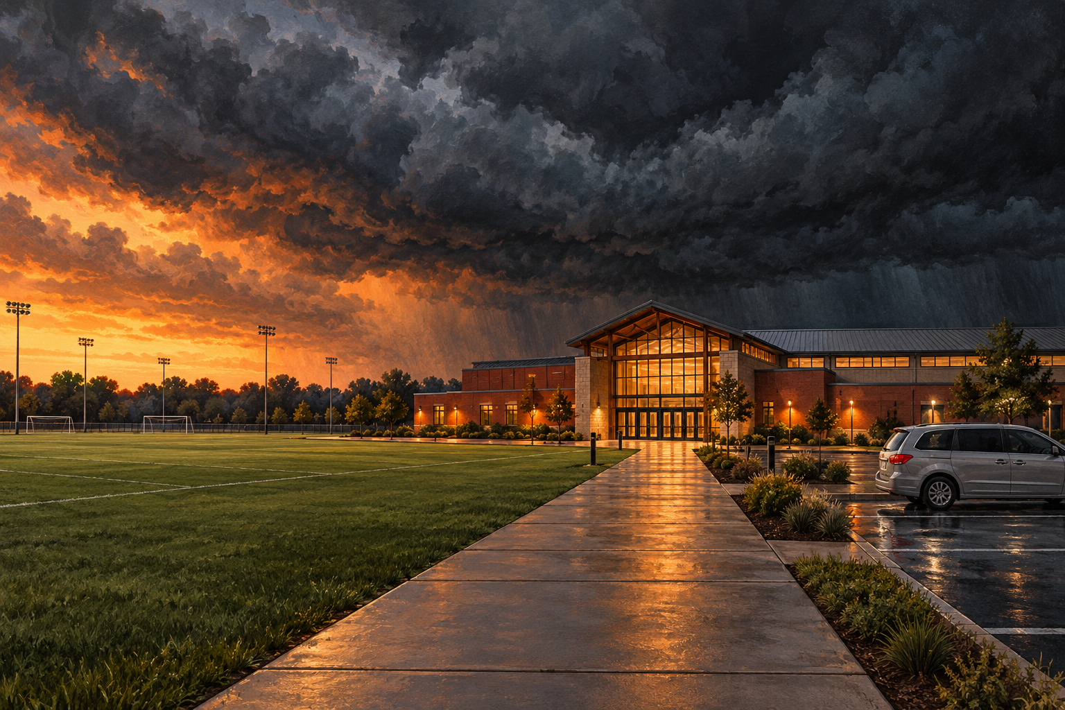 An empty sports field under storm clouds sits beside an enclosed brick building and fully enclosed vehicle.