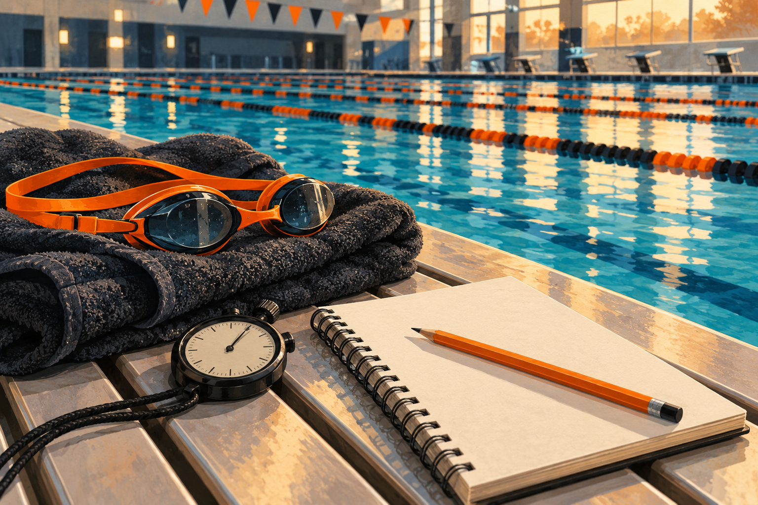 Swim goggles, towel, stopwatch and blank reflection notebook rest beside a swimming pool.