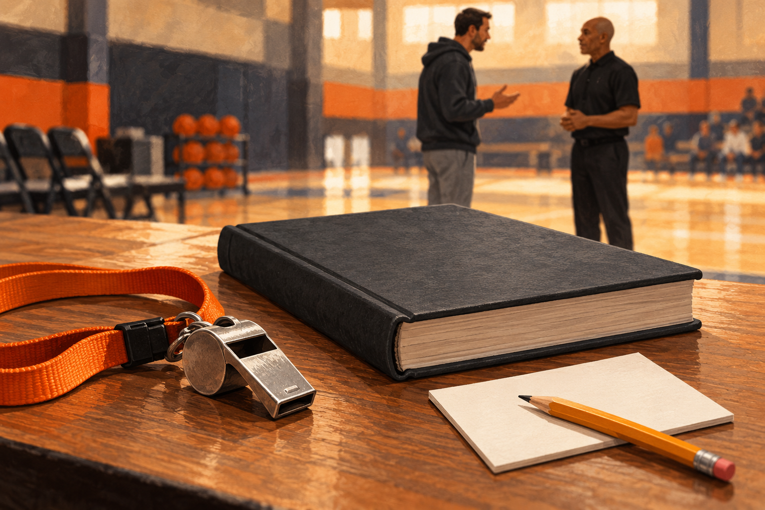 A whistle, blank rulebook and note card sit courtside while two adults speak calmly in the background.