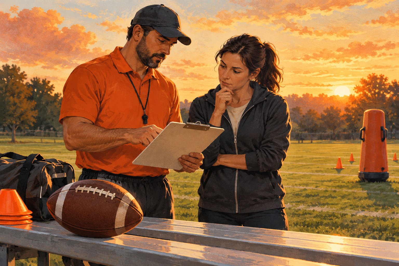 A coach and parent look at a blank clipboard beside an American football and practice equipment.