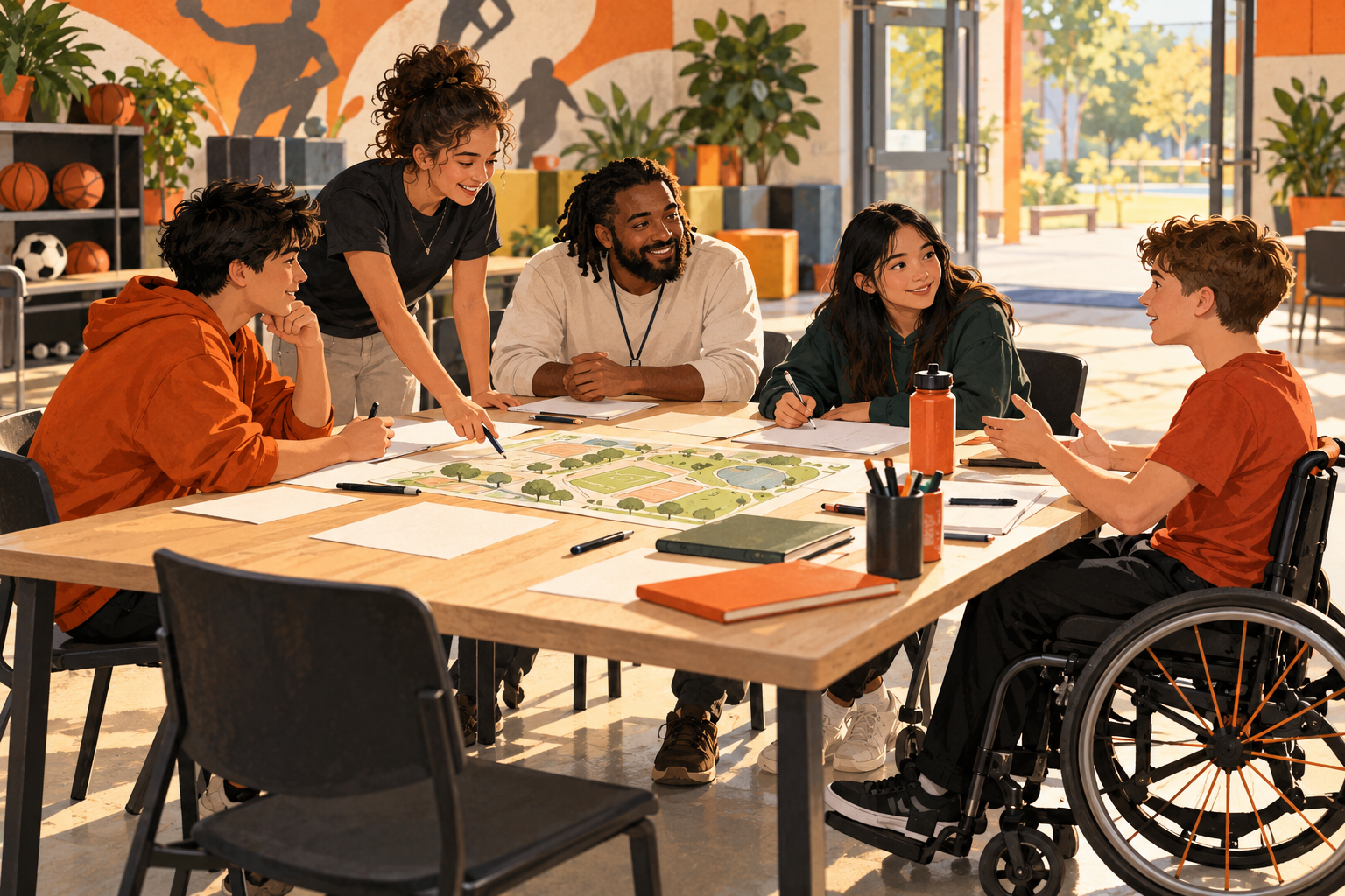 Fictional teammates, including a wheelchair user, contribute ideas around an accessible planning table.