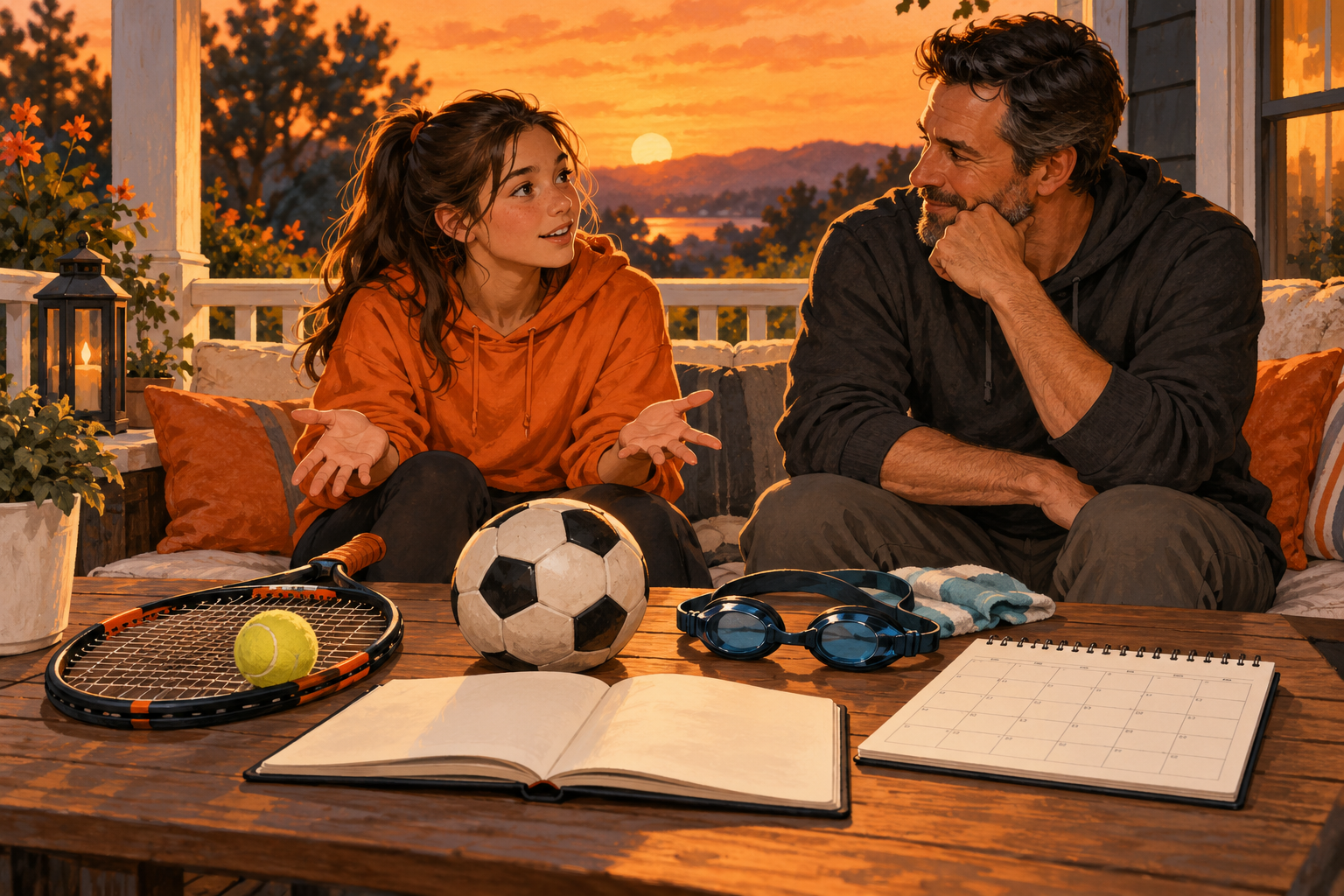 A fictional young athlete and parent discuss sports choices beside tennis, soccer and swimming equipment.