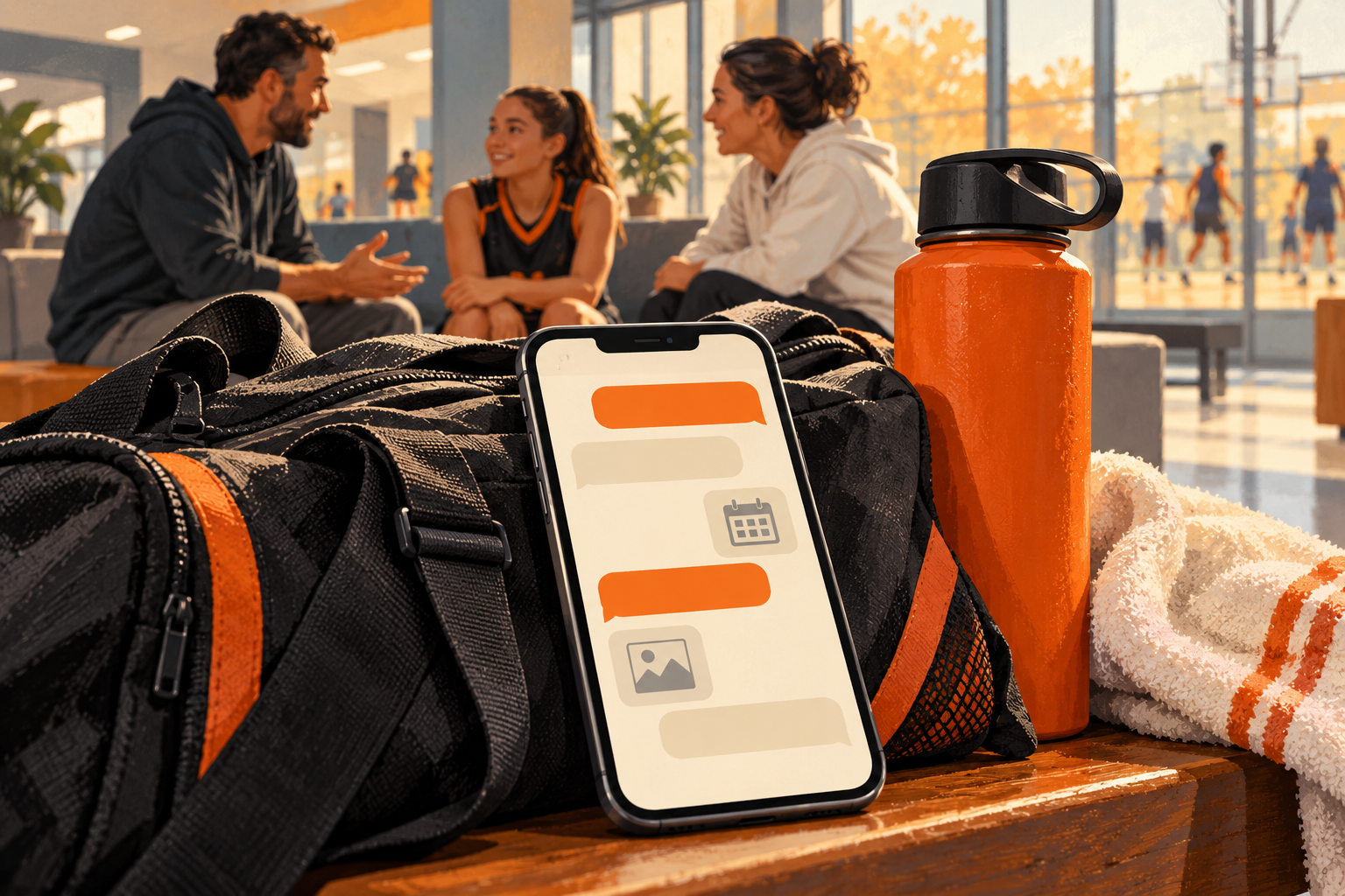 A generic phone with empty message bubbles rests on a sports bag as fictional people talk in the background.