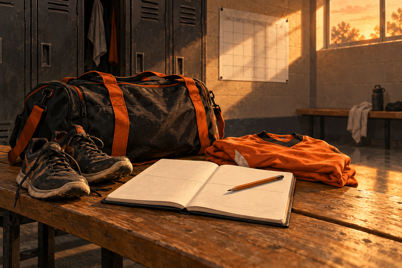 A sports bag, worn shoes and folded jersey sit beside a blank reflection notebook in an empty locker room.