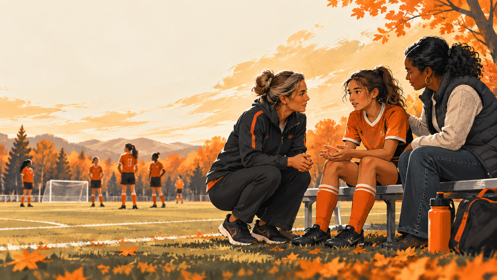 AI-generated editorial illustration of a young soccer athlete talking with supportive adults at the sideline.